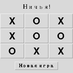 Поле полностью заполнено X и O без выигрышной линии, статус говорит Ничья!