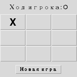 На кнопке клетки 0 появилась X, статус сменился на Ход игрока: O