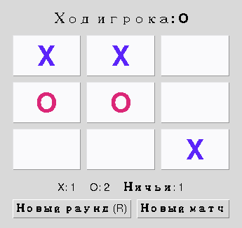 Финальное окно Tic-Tac-Toe Pro с игрой в процессе и счётом X:1 O:2 Ничьи:1