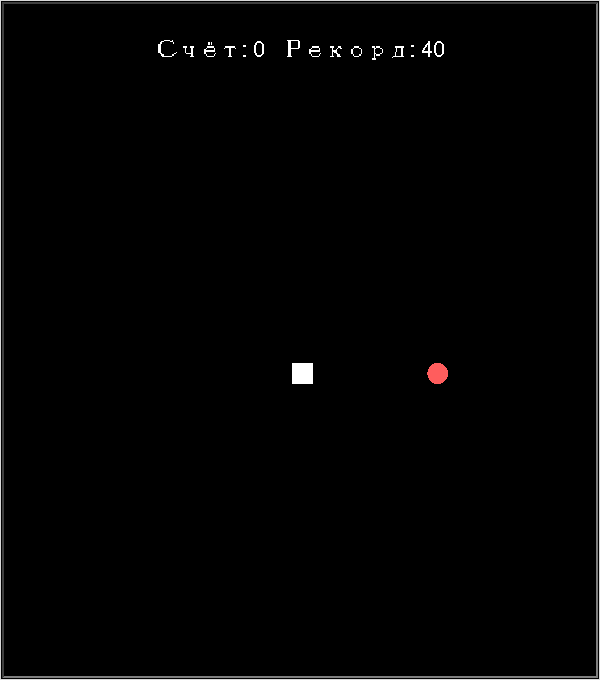 Реальное окно: свежая игра с одной головой в центре, табло Счёт: 0 Рекорд: 40