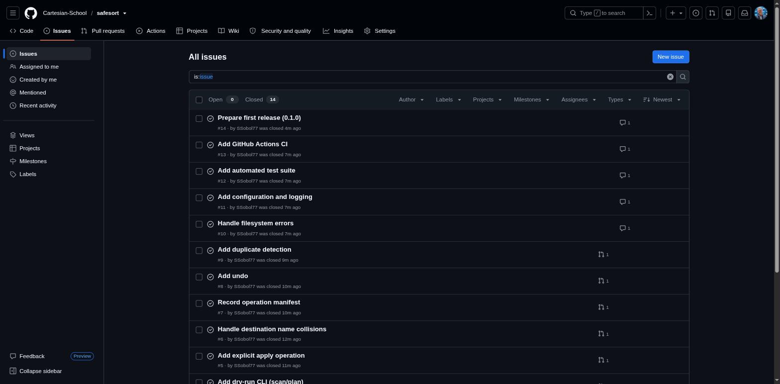 Список Issues репозитория Cartesian-School/safesort: 14 закрытых задач, каждая — от scanner до релиза