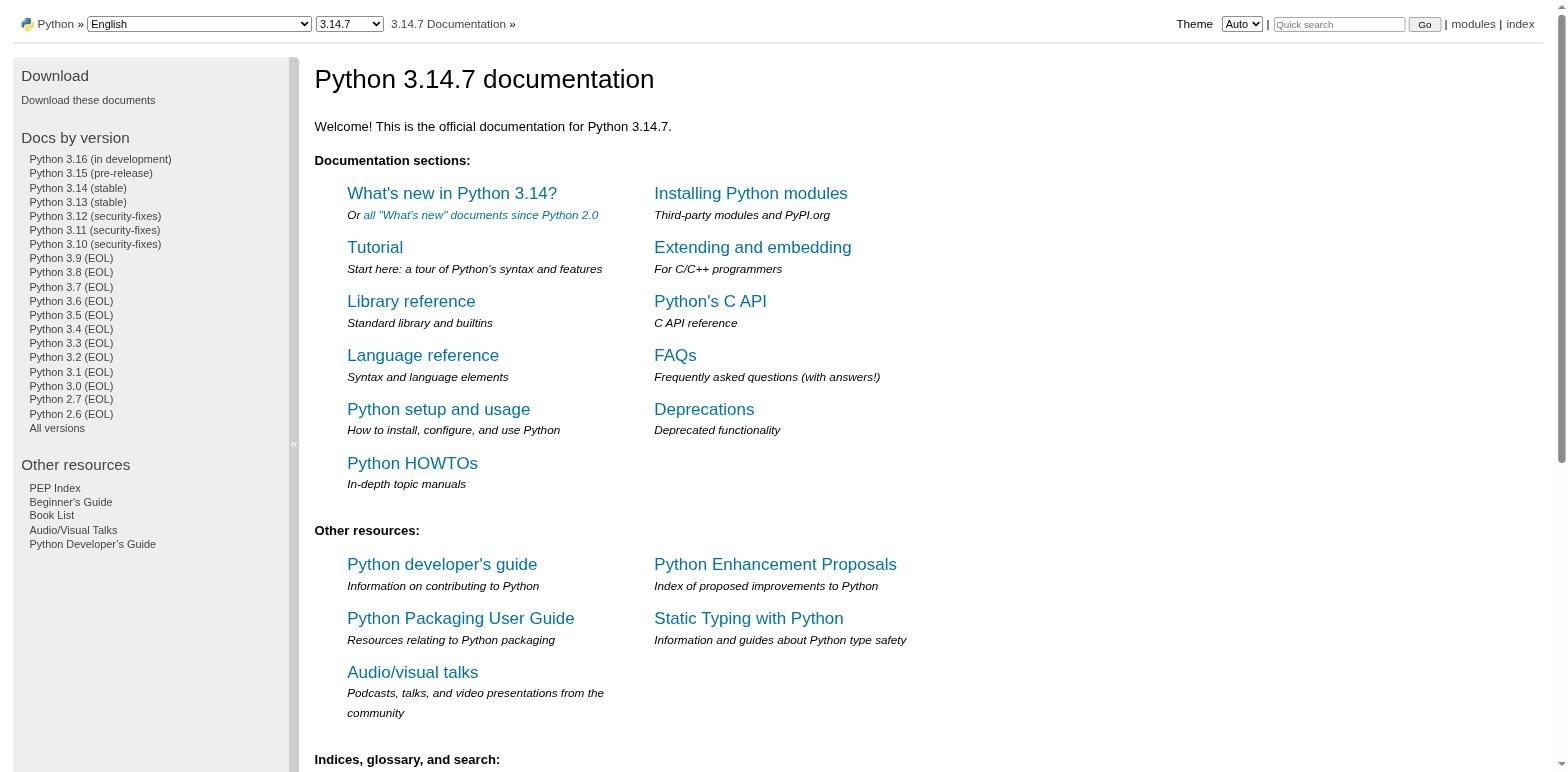 Главная страница docs.python.org 3.14 с разделами Tutorial, Library reference, Language reference