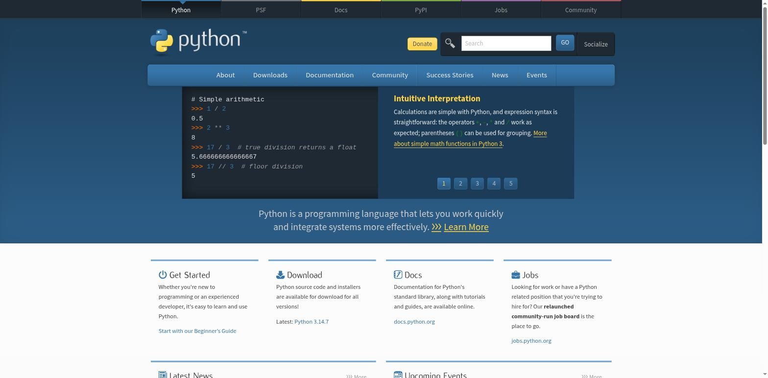 Главная страница python.org с разделами Get Started, Download, Docs и Jobs