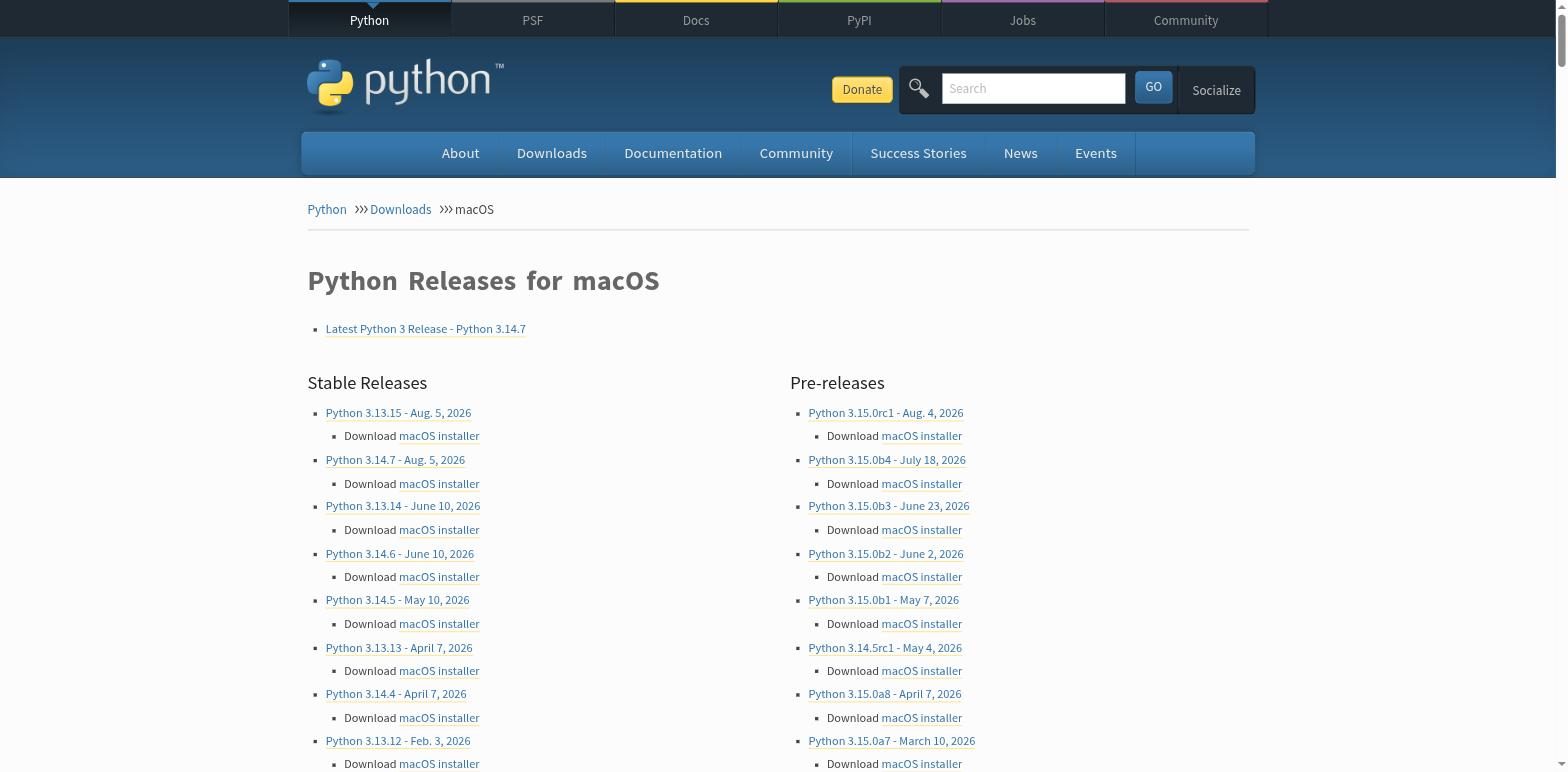 Strona pobierania Python dla macOS na python.org