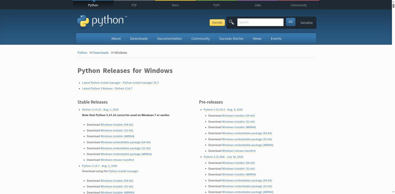 Страница загрузки Python для Windows на python.org