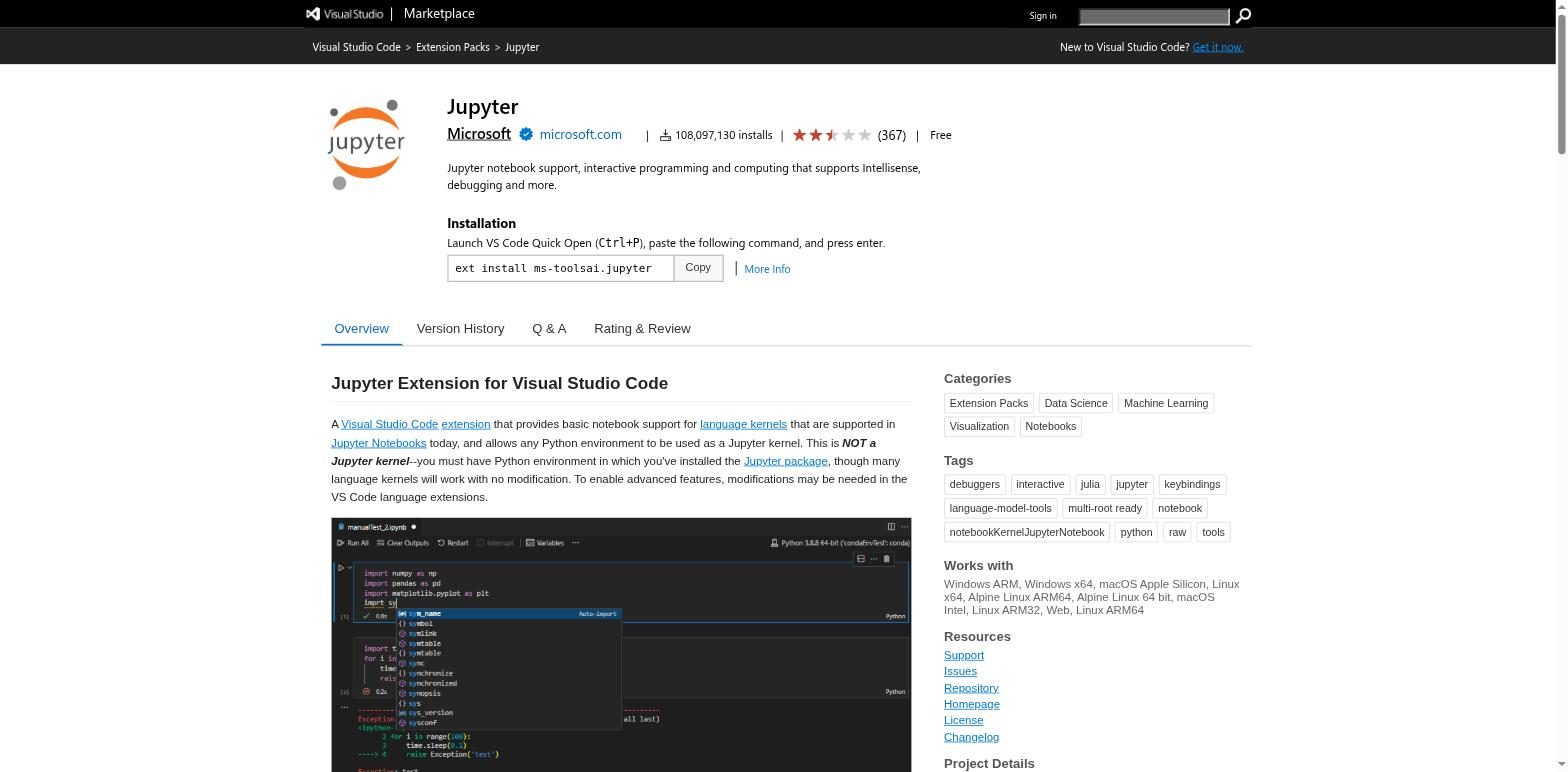Страница расширения Jupyter в VS Code Marketplace
