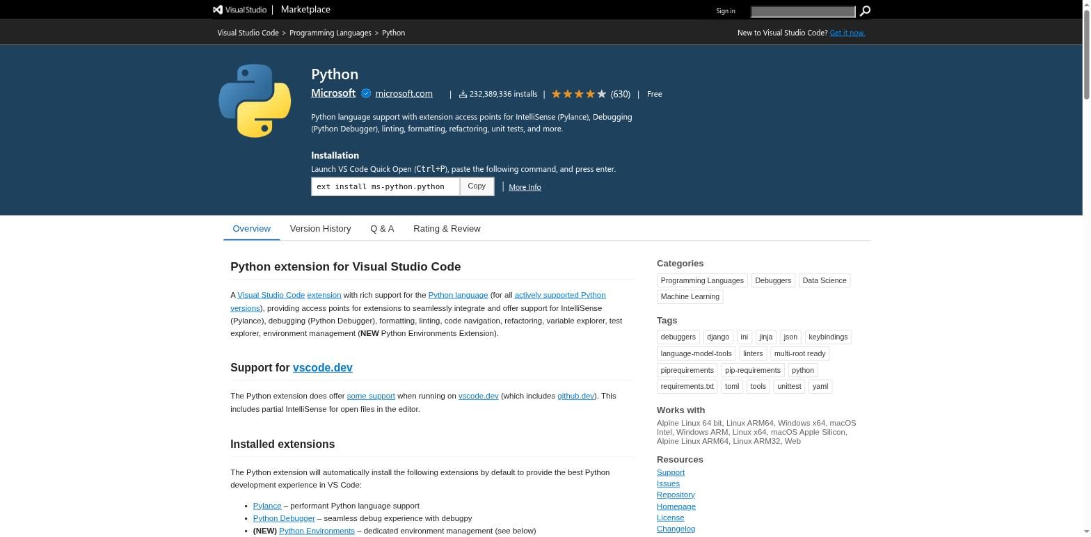 Страница расширения Python (Microsoft) в VS Code Marketplace