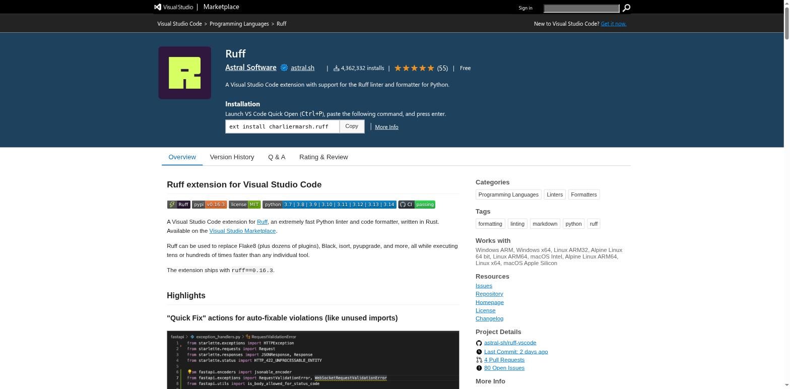Страница расширения Ruff в VS Code Marketplace